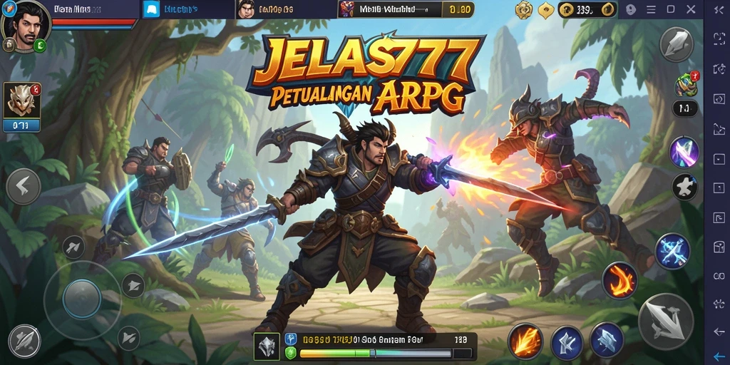 Tangkapan layar gameplay dinamis JELAS777 menunjukkan pertarungan seru di dunia ARPG.