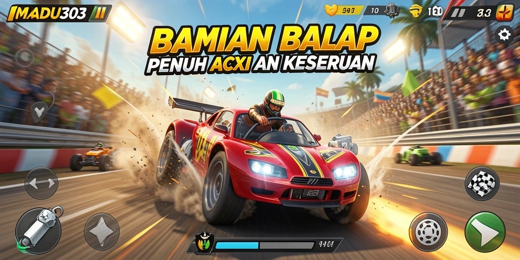 Screenshot game MADU303 menunjukkan aksi balap cepat dan seru di trek menantang.