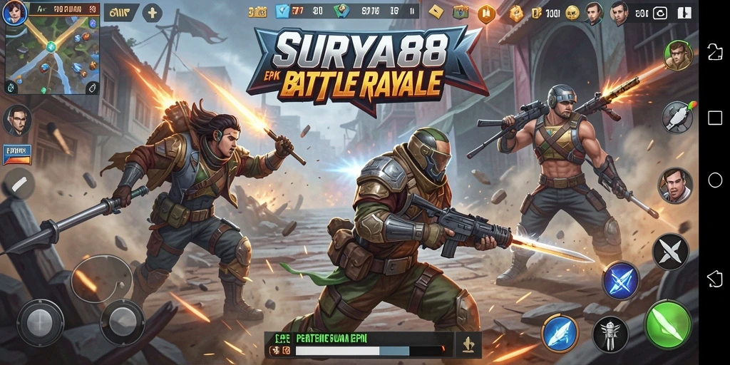 Tampilan gameplay SURYA88 dalam pertempuran Battle Royale yang intens.